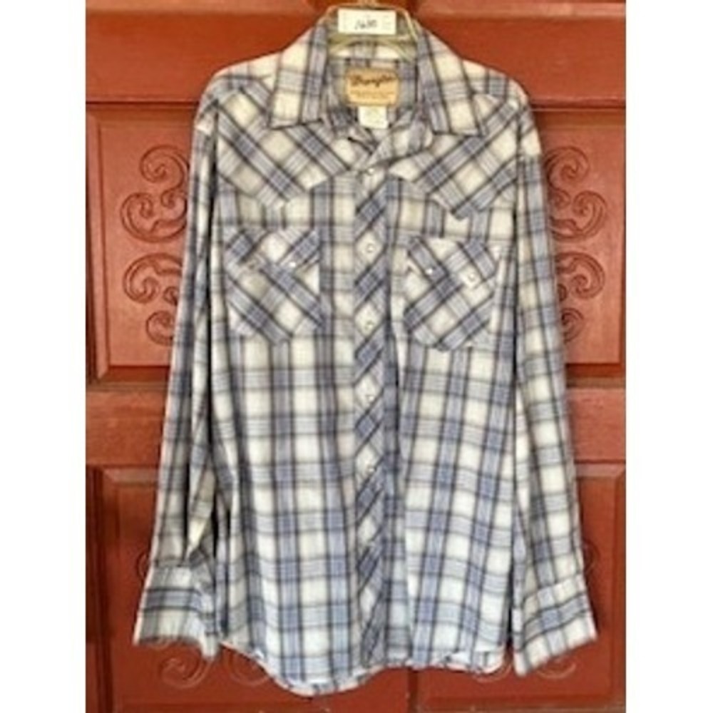 Wrangler Western Snap Shirt Plaid Medium Blue Gray Cowboy Ranch Men's Size M